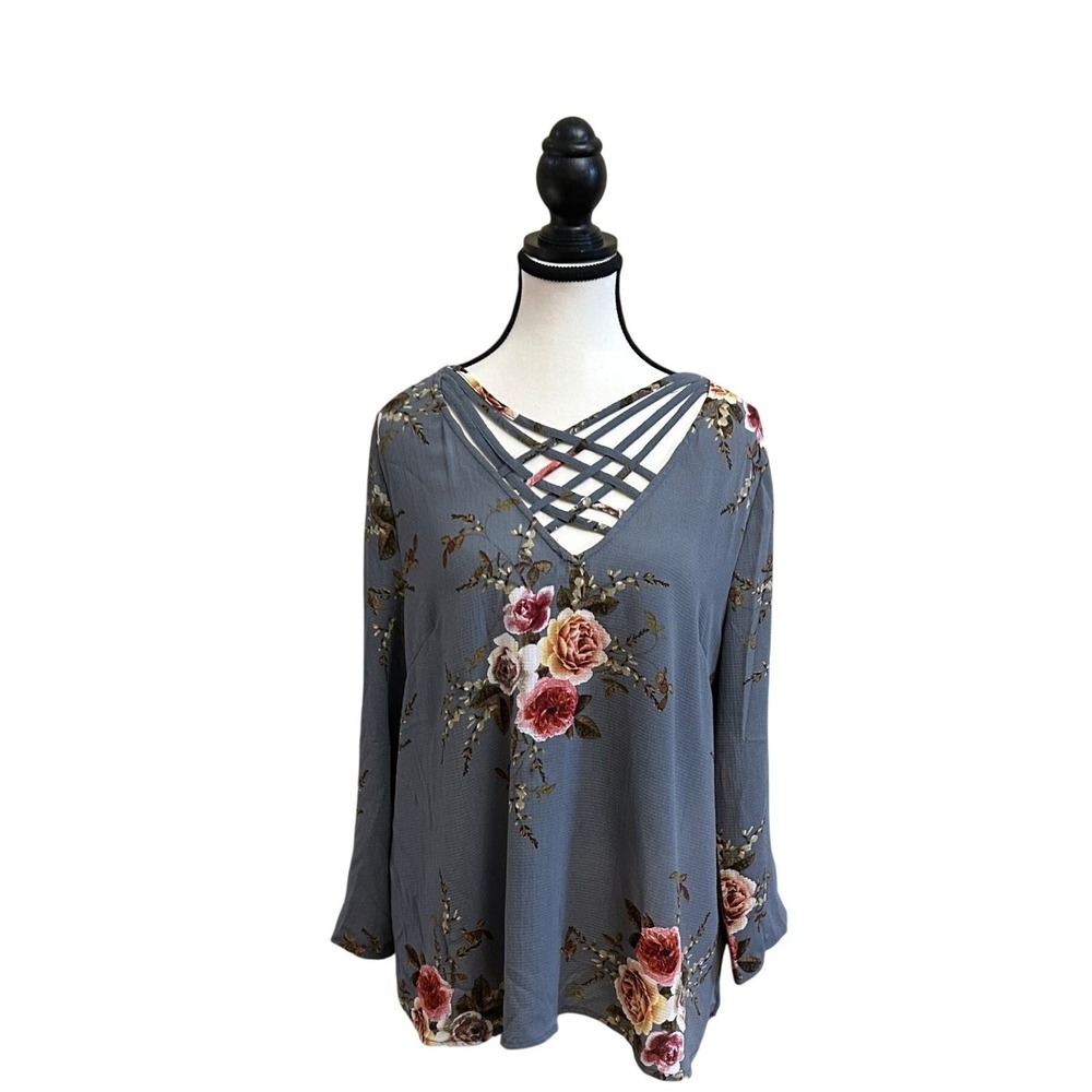 Entro Gray Blue Floral Lattice Neck Long Sleeve Blouse Top Women's‎ Size L